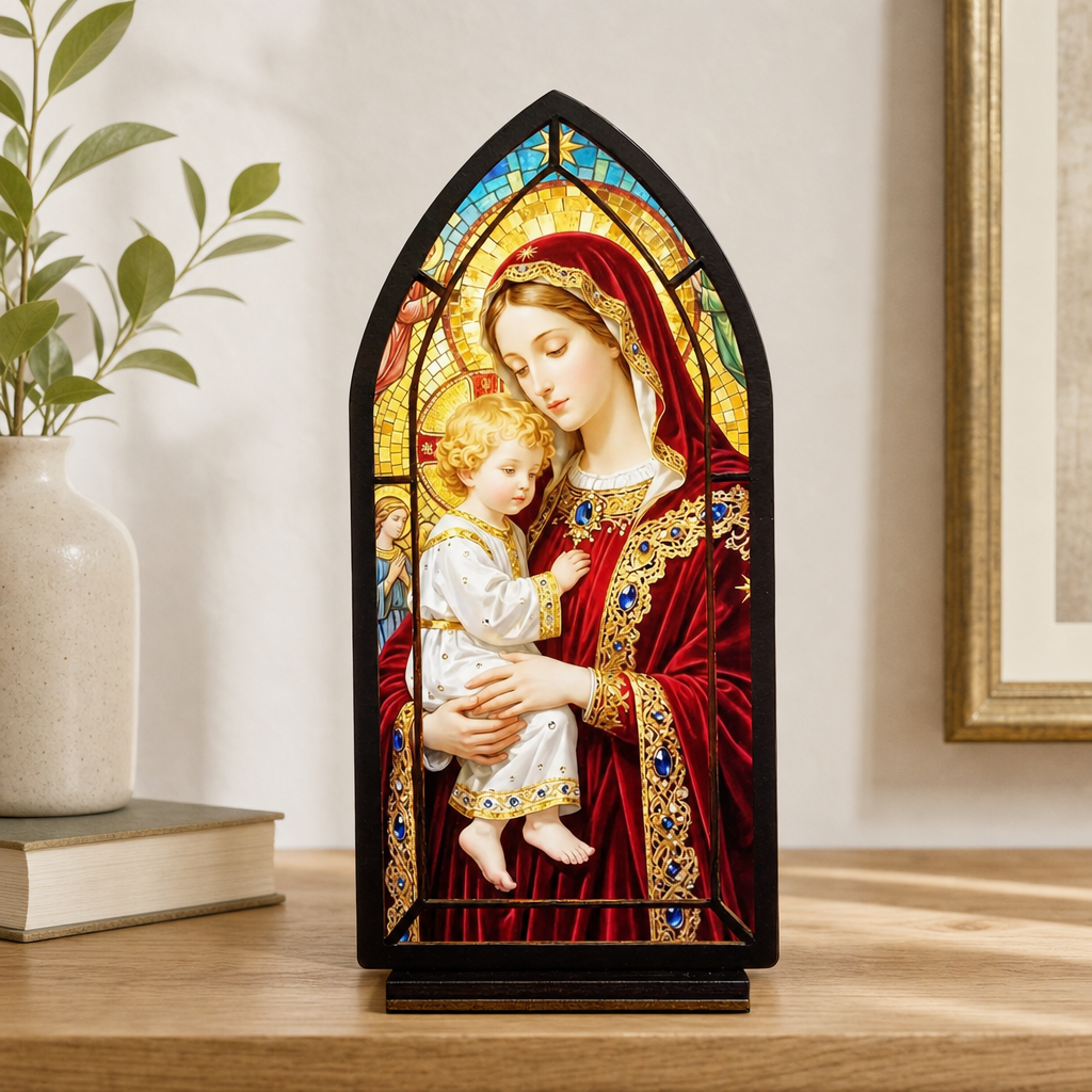 Jeweled Madonna & Child — Candlelight Window dimensions and materials