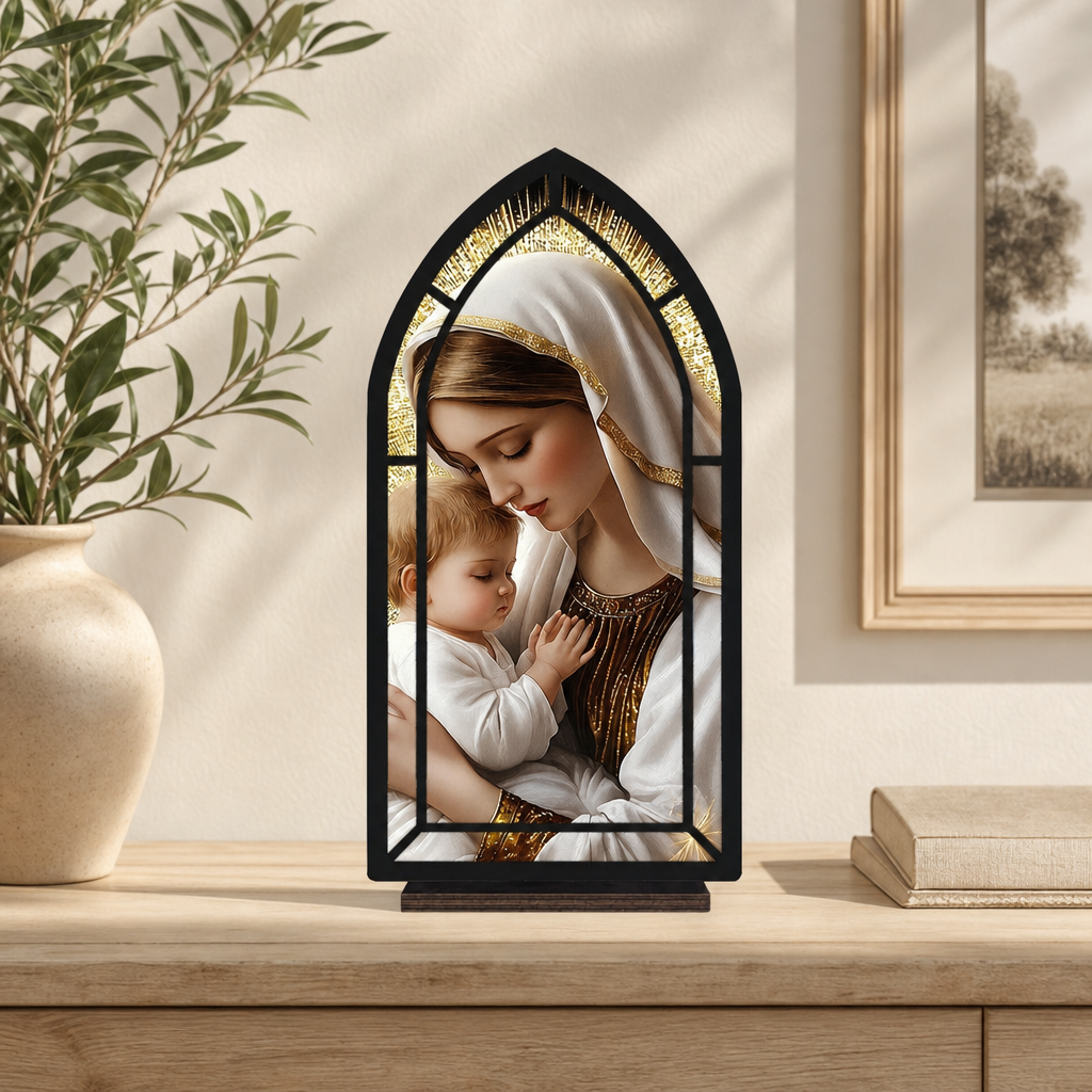 Tender Madonna & Child — Candlelight Window dimensions and materials